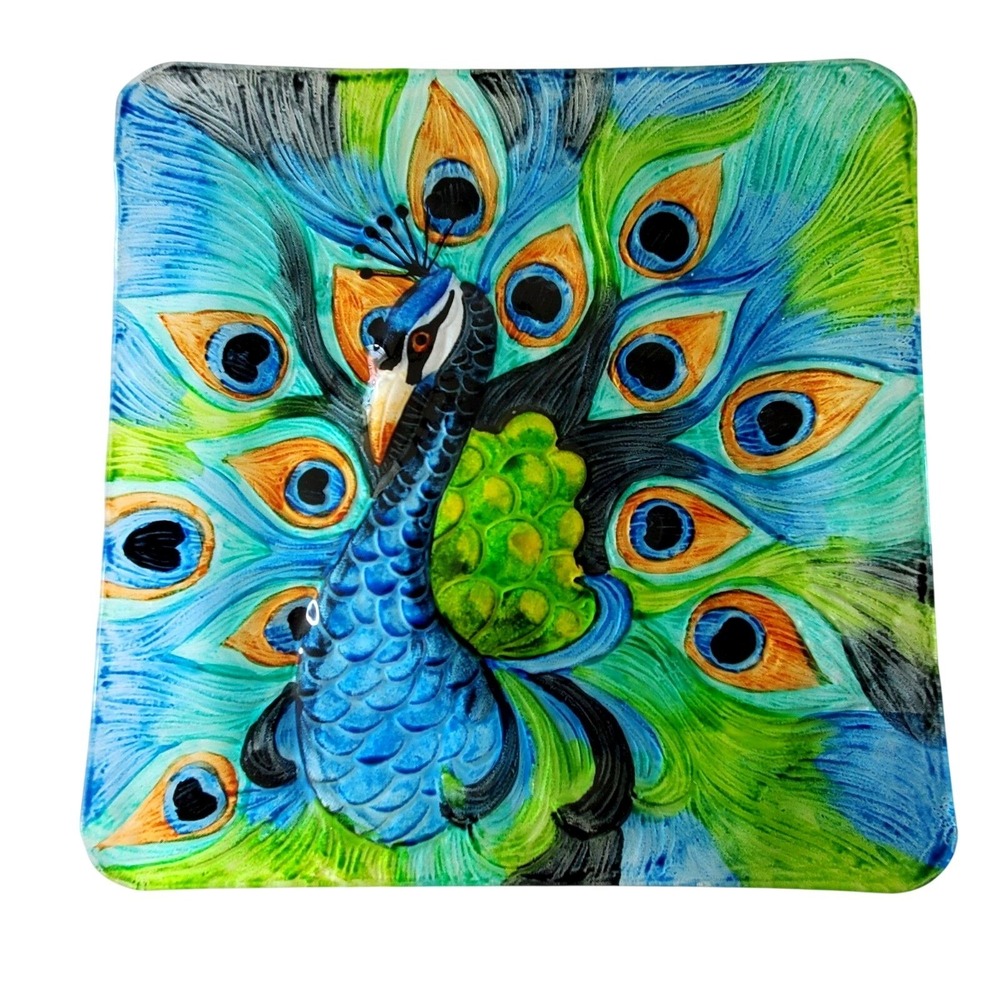 Peacock Glass Square Display Art Glass Plate 12"x12 Suncatcher